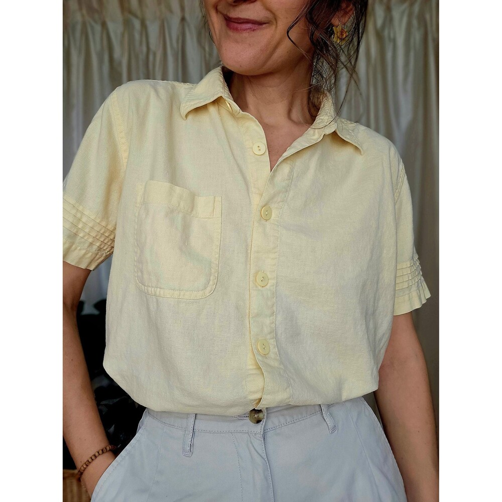 Vintage Linen Blend Shirt - Cropped Collared Button Up Top Yellow M